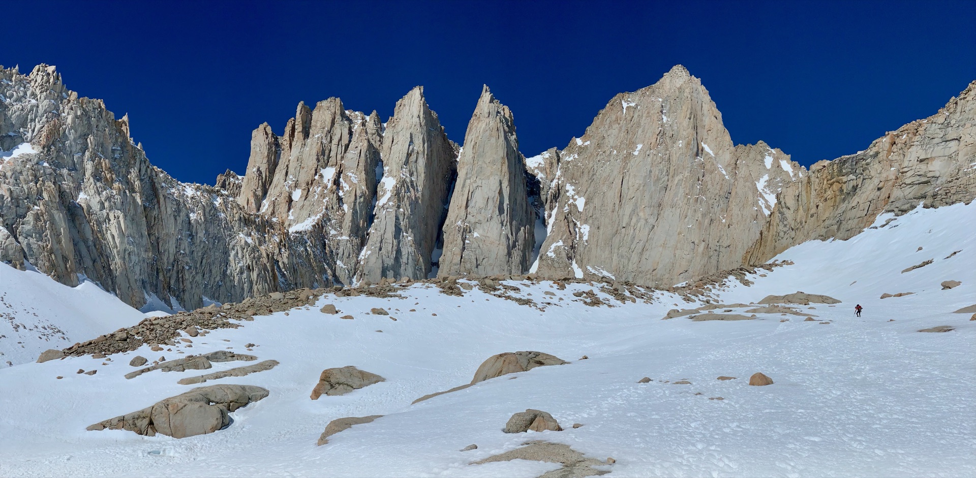 Finally, passing Boy Scout Lake toward Whitney Moraine, Whitney and the Pinnacles come clearly into view.