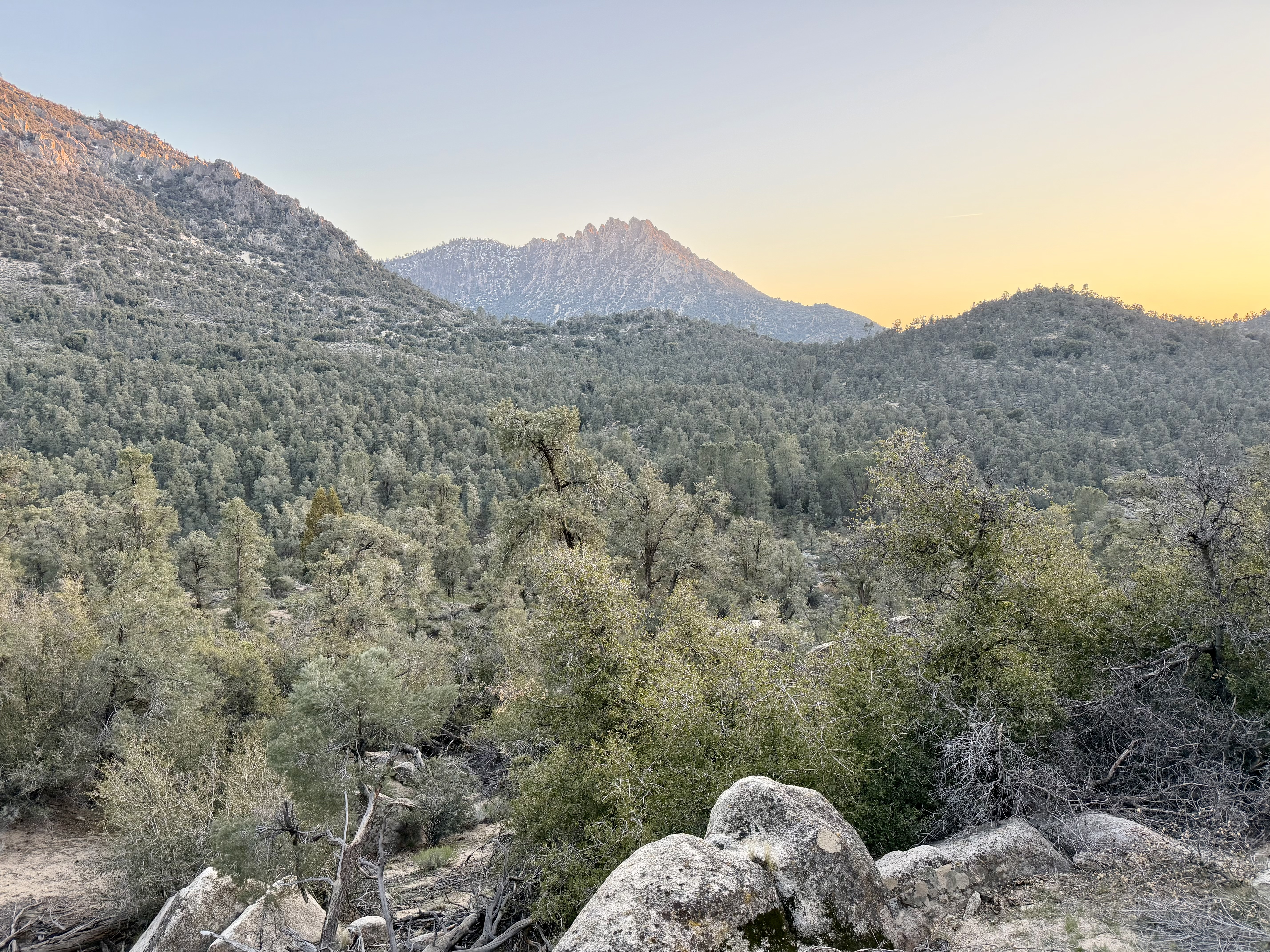 Last rays of sun on Lamont Peak as I descend into Chimney Creek valley