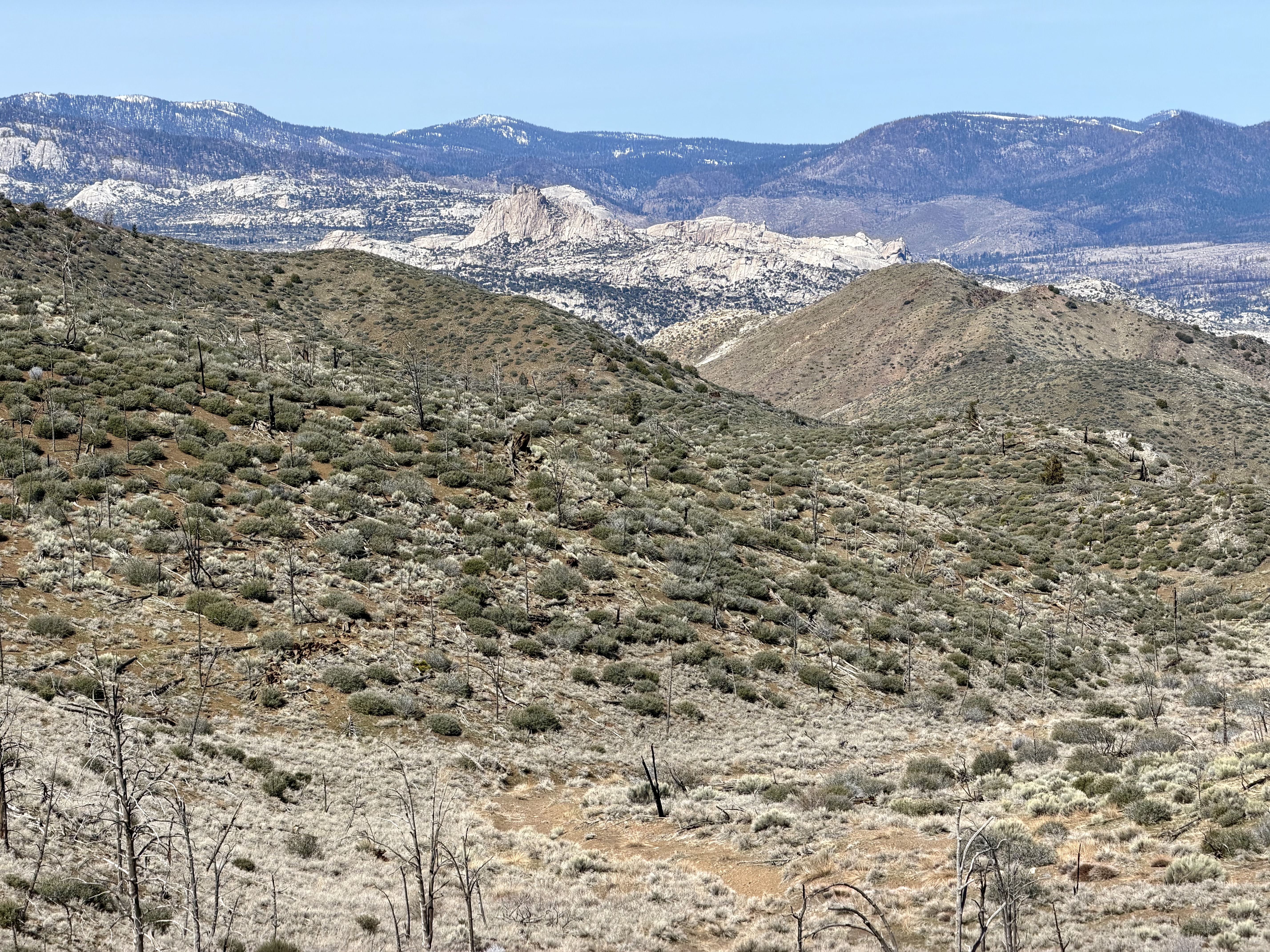 A faint trail, burned forest, and Stegosaurus Fin in the distance