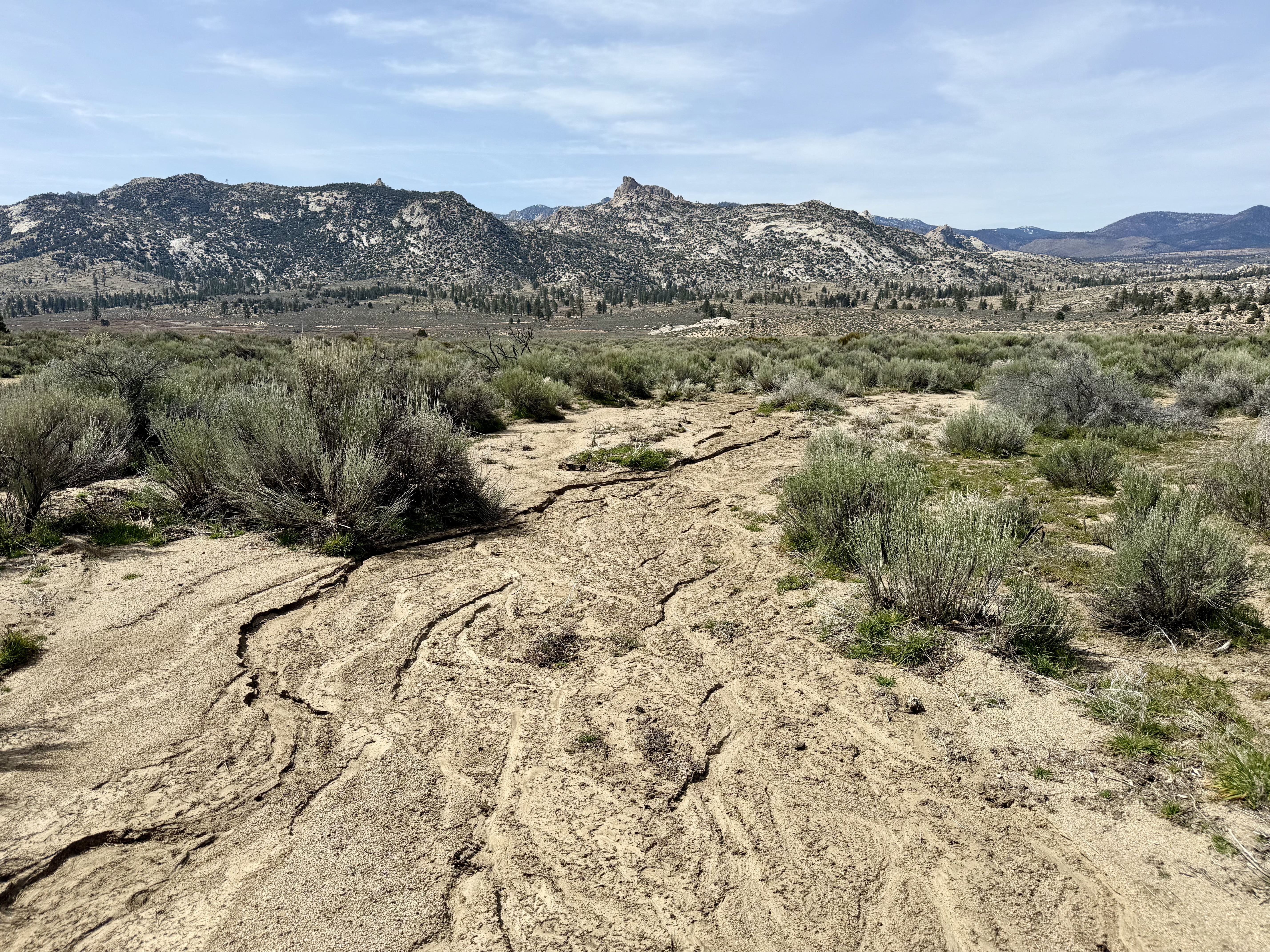 Temporary washes in the desert, Stegosaurus Fin in the distance