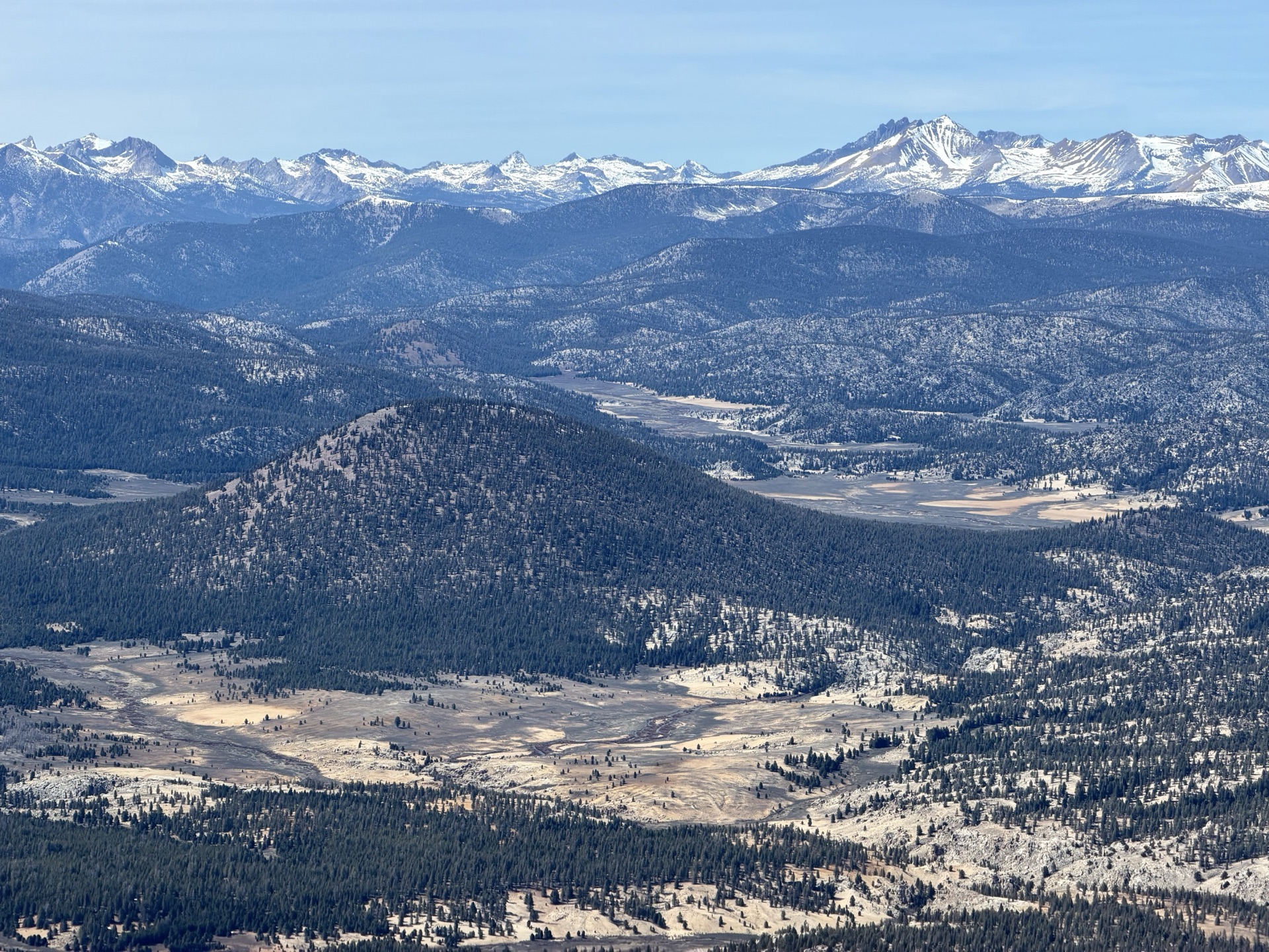 Strawberry Meadow in the foreground, Templeton Meadow behind Templeton Mountain — from the summit of Olancha Peak